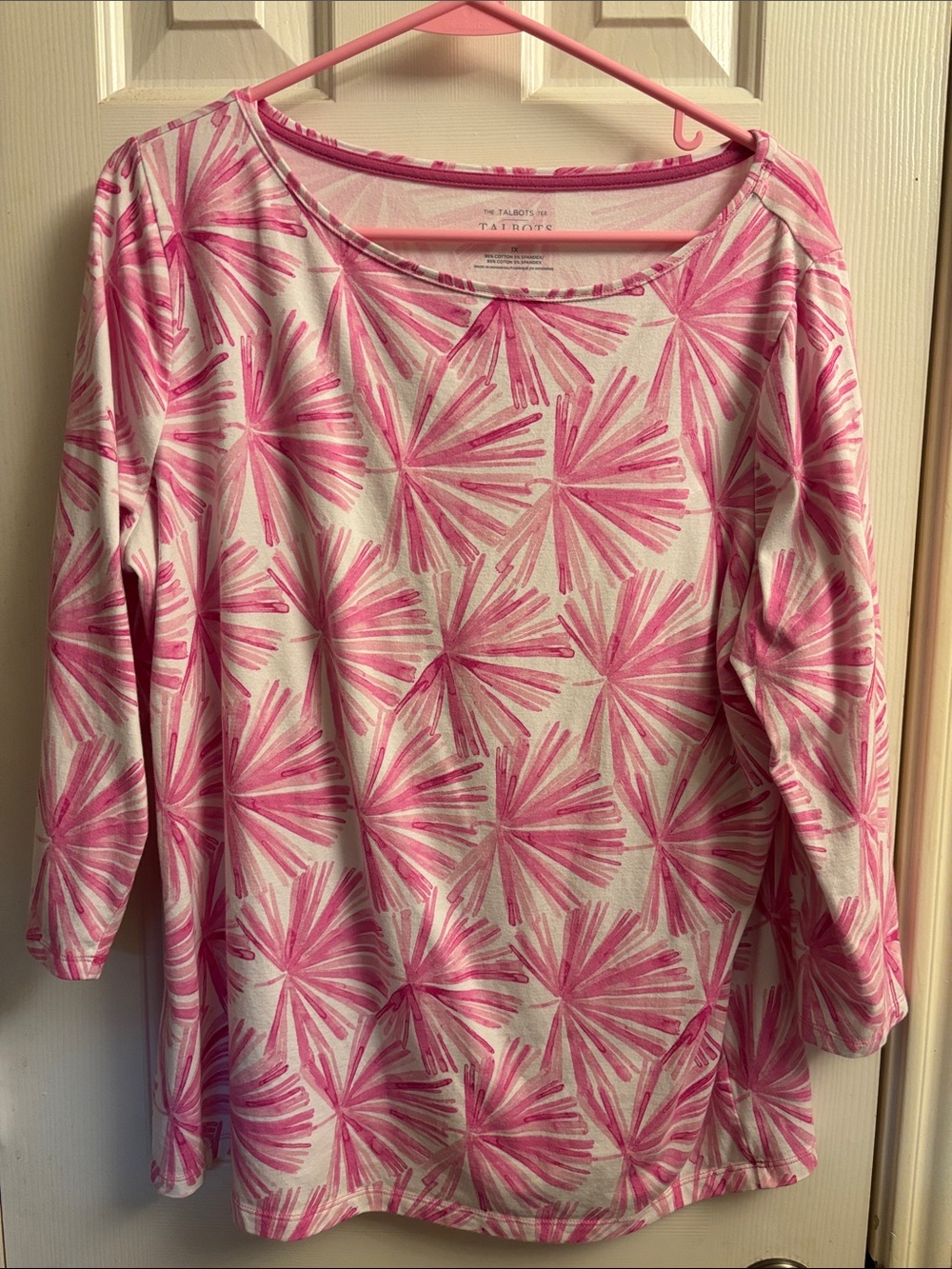 Talbots Pink Burst-Print Long Sleeve Scoop Neck Top - White Base
